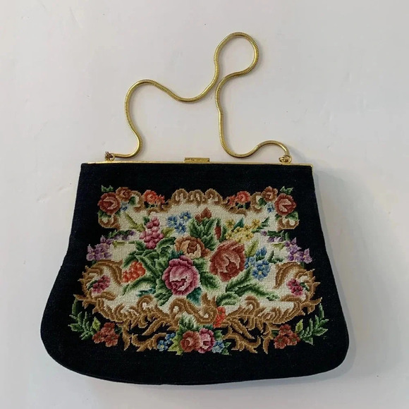 Vintage Floral Petit Point Rose Quartz Gold Filigree Embroidered Black Handbag - Picture 5 of 16